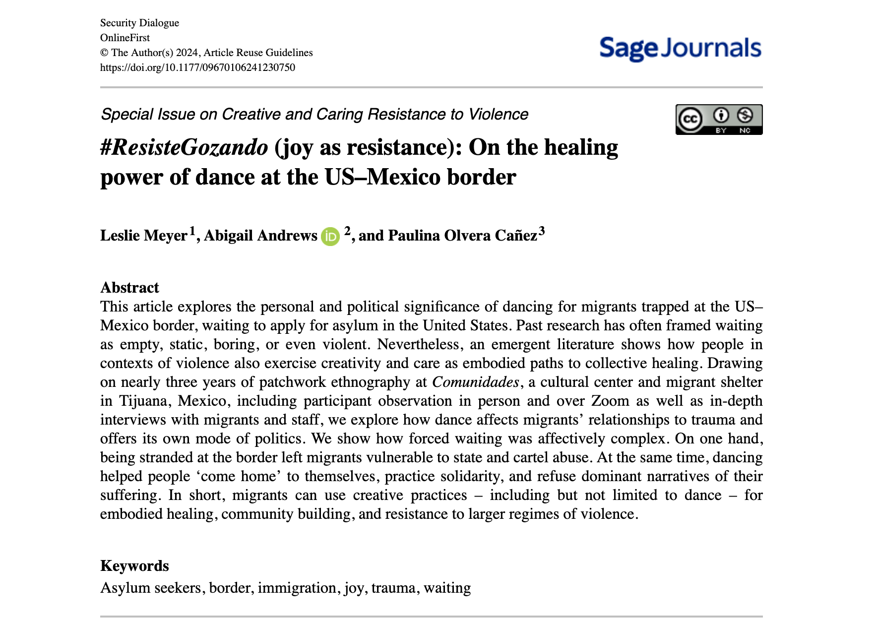 Screenshot of journal article for #ResisteGonzado (joy as resistance)