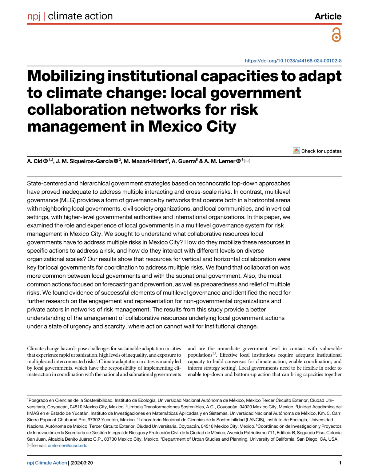 Front page of Lerner's publication "Mobilizing institutional capacities to adapt to climate change."