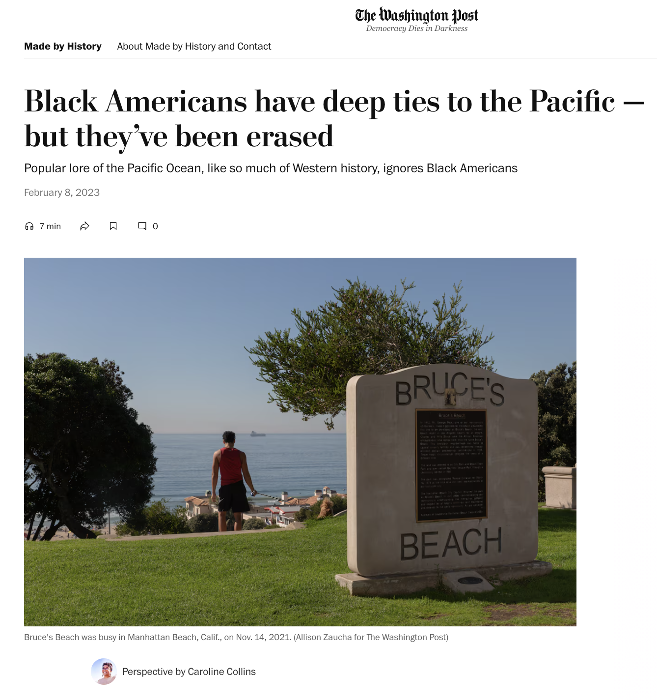 Front page of Caroline's article, "Black Americans have deep ties to the Pacific — but they’ve been erased."