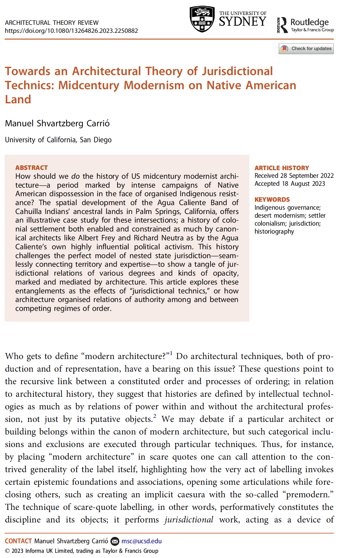 Front page of Manuel's article, "Towards an Architectural Theory of Jurisdictional Technics: Midcentury Modernism on Native American Land."